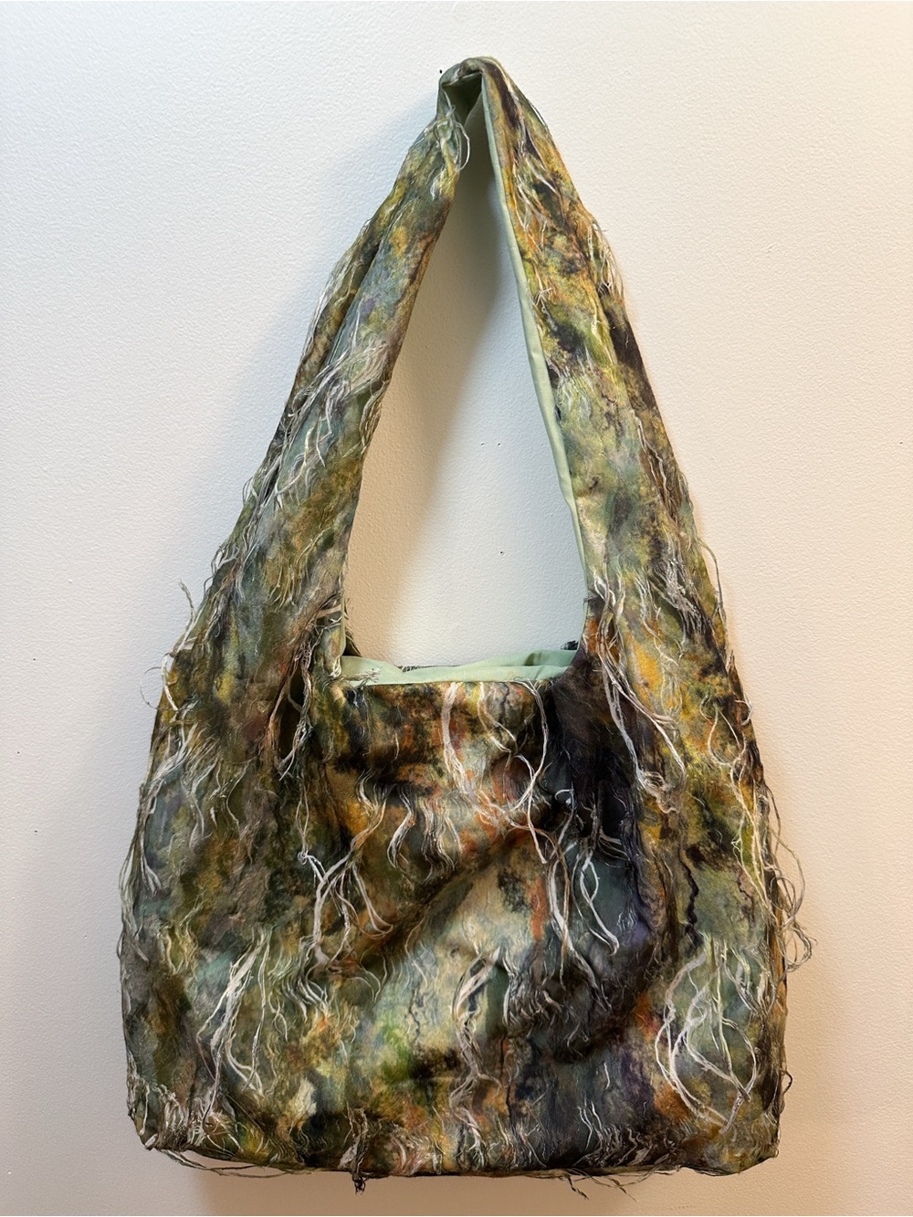 Handmade Green Multi Earth Moss Design Frayed Distressed Medium Size Tote Bag